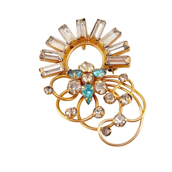 M & S Vintage 12K Gold Filled Blue Rhinestone Ornate Floral Blue Brooch - Picture 2 of 9